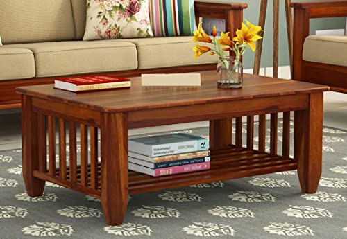 Image of Sheesham Wood Rectangular Centre Table for Living Room Wooden | Center Table Wooden | Coffee Table with Self Storage for Drawing Room, Office & Home | Honey Finish