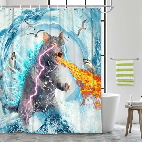 Image of Funny Cat Shower Curtain Set, Cute Fun Cat Blue Wave Animal Shark Ocean Theme Shower Curtain for Kids, Cool Cats Kids Home Bathroom Decor Polyester Waterproof Fabric Bath Curtain with 12 Hooks
