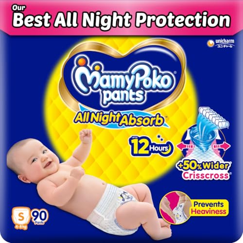 Mamypoko Pants All Night Absorb| Pant Style Baby Diapers Small Size(S), 90 Count, Ideal for 4-8Kgs|+50% Wider and Repeated Absorption for All Night 12hr Protection from Leakage, Prevents Heaviness.