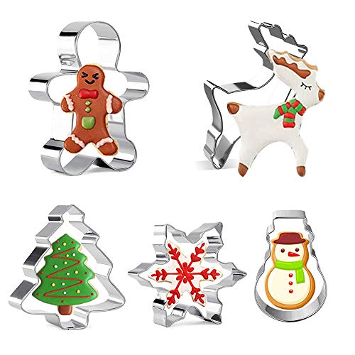 XCOZU Juego de 5 Cortadores de Galletas de Acero Inoxidable para Navidad, Copo de Nieve, árbol de Navidad, Hombre de Jengibre, Monigote de Nieve y Reno