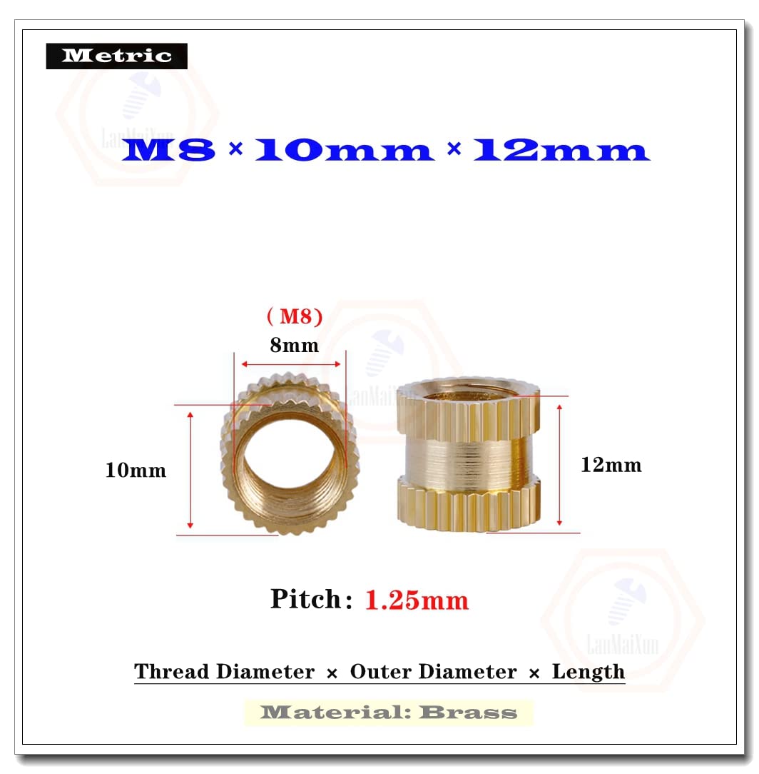 10pcs M8×10mm×12mm Female Thread Knurled Brass Threaded Insert Embedment Nut