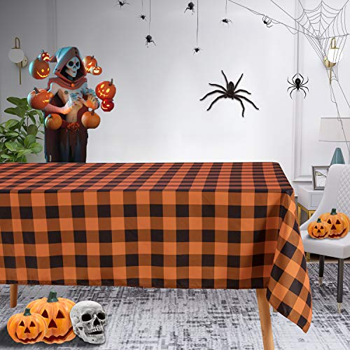 Lushvida Checkered Tablecloth 60X84 Inch, Rectangle Water Resistant Table Cloth – Washable Holiday Decorative Plaid Table Cover For Picnic Banquet Kitchen Dining Room, Orange And Black #TOP6
