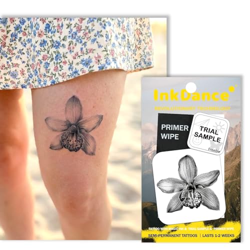 InkDance Semi-Permanent Tattoo, Tiny Vintage Orchid, Tropical Flower Design, Long Lasting Temporary Tattoos, Waterproof Plant-Based Ink, Lasts 1-2 Weeks, Color Develops in 24 Hours D267