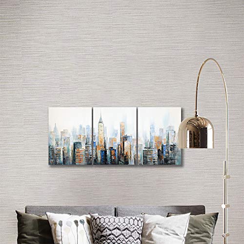 New York City Wall Art: Set Of 3 Nyc Skyline Canvas Pictures Wall Decor City View Painting Cityscape Artwork Abstract New York Vintage Poster For Living Room Framed 12"X16"X3 Panels #TOP5