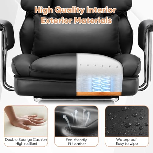 Image of Sweetcrispy Executive Home Office Desk Chair - Ergonomic Big Tall High Back with Footrest & Lumbar Support, Reclining Height Adjustable, Comfy PU Leather Computer Gaming with Swivel Wheels, Black