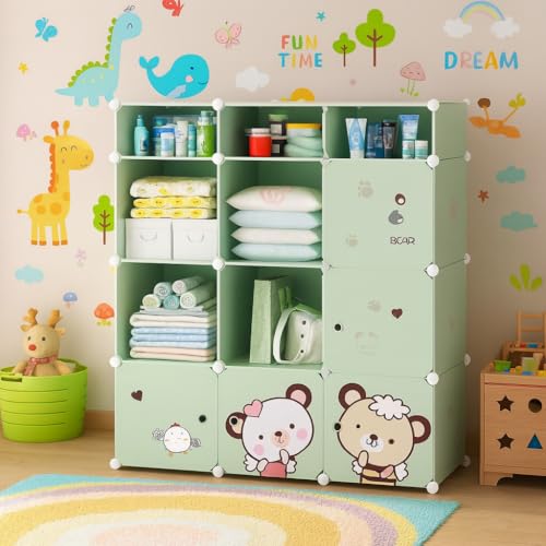 Image of Mevigo Foldable Plastic Wardrobe for Clothes - 9+3 Door Baby Cupboard for Clothes Storage, Wardrobe for Kids, Plastic Almirah, Collapsible Wardrobe for Kids Livingroom & Home -Green-E5