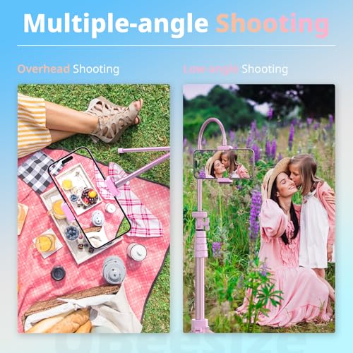UBeesize 88’’ Flexible Phone Tripod with 14.95’’ Gooseneck, Remote and Phone Holder, Overhead Cell Phone Stand&Selfie Stick for Video Recording, Compatible with iPhone Android Phone, Camera Pink - Image 4