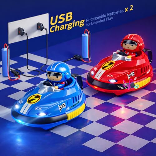 Image of RC Bumper Cars Set for Kids - 2 Player RC Go Kart Battle Dashing Cars, 360 Rotating, Colorful LED Lights & Music, Rechargeable USB 2.4GHz,Racing Toy Ages 3+, Birthday Gift Boys Girls