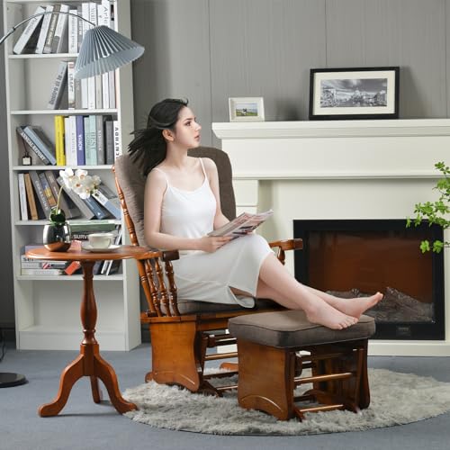 Image of Rocking Chair with Footstool A Nursing Rocking Chair with an Antique Brown rubberwood Frame, Rocking Chair Sets for Nursing, Relaxing, Living Room,