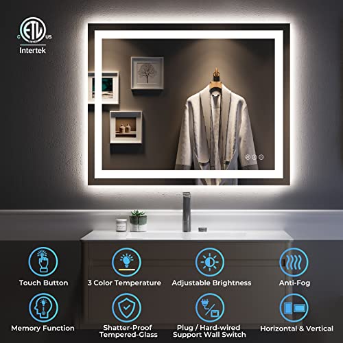 Image of 40x32 Inch LED Bathroom Mirror with Lights Front and Backlit Lighted Vanity Mirror for Bathroom Wall with 3 Colors Dimmable Anti-Fog Memory Shatter-Proof IP54 Waterproof Horizontal /Vertical