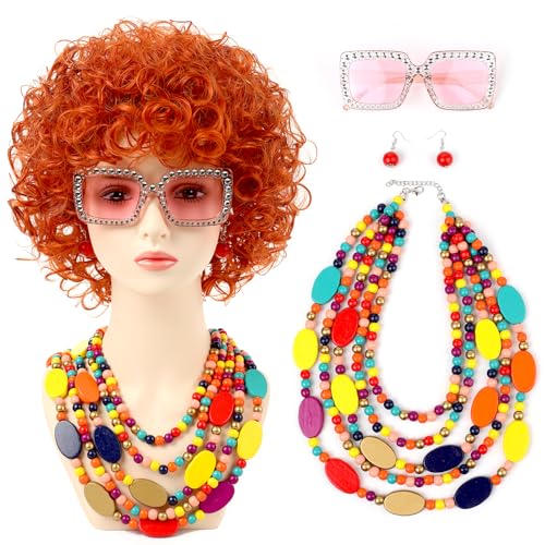 Cyyacen Women Roper Curly Orange Red Cosplay Wig with Necklace Earrings and Sunglasses for Women Hallween Costume Wig