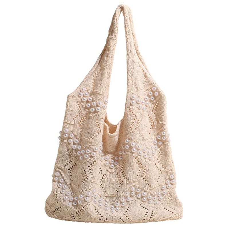 Boho Crochet Beach Tote Shoulder Bag with Colored Beads | Colorful Aesthetic Hippie Knit Bag for Women