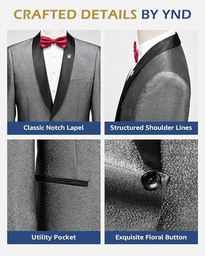 YND Men's Shiny Tuxedo Jacket, Sequin Slim Fit Blazer, One-Button Shawl Lapel Suit for Party, Prom, Wedding, Dinner4