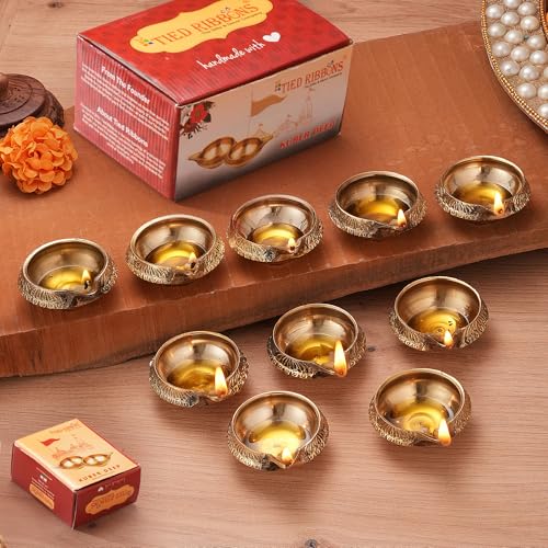 TIED RIBBONS 100% Pure Brass Diya for Puja - Set of 10 | Room Oil...