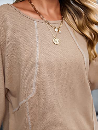 Cupshe Women's Casual Round Neck Blouse Long Sleeves Autumn Shirts Comfy Tops With Relaxed Fit, Tan L #TOP4