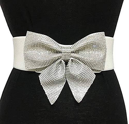 Women Elastic Waistband Wide Stretch Bowknot Belts for Girls Ladies Rhinestone Cummerbund (Waist Size:23-38", Beige)