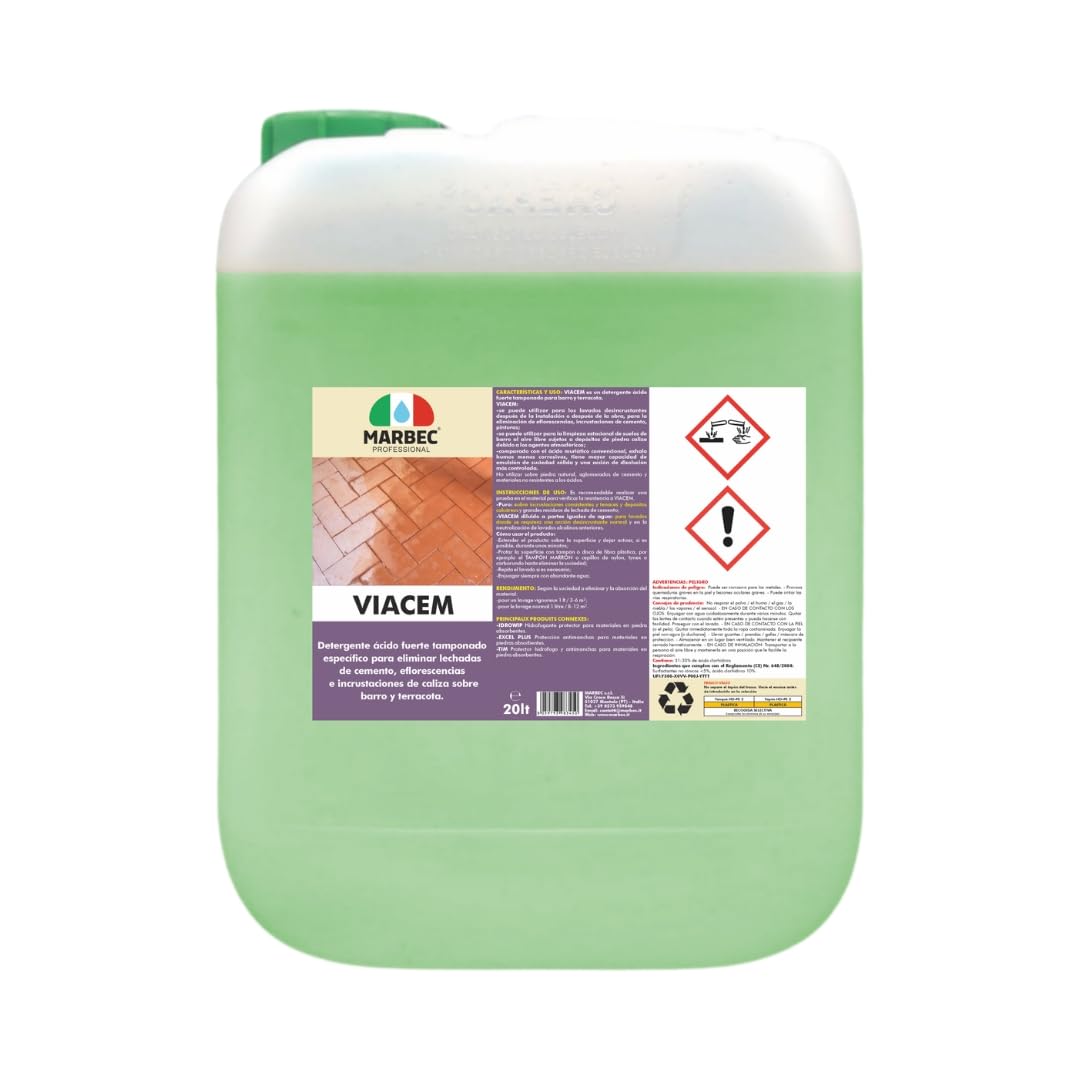 MARBEC VIACEM 20LT Potente detergente ácido tamponado para terracota. Elimina incrustaciones y lechadas de cemento, ideal para la limpieza de terracota después de la obra.