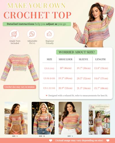 Image of Aeelike Beginner Crochet Kit for Adults, Crochets Set w Ombre Cotton Yarn & Step-by-Step Video Tutorials,Rainbow Coverup Sweater for Women Ideal DIY Gift Crochet Kit for Beginners,Gradient Pink