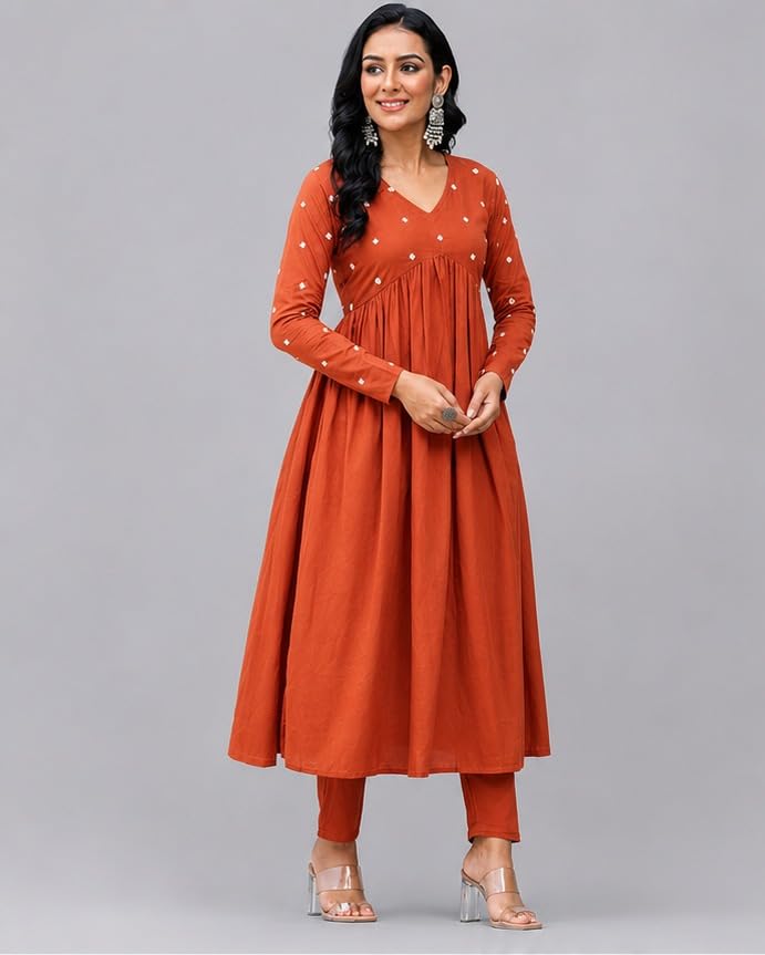 Image of Women's Long Kurta Set with Pant Polka Dots, Embroidered, V-Neck Empire Waist, Full Sleeves