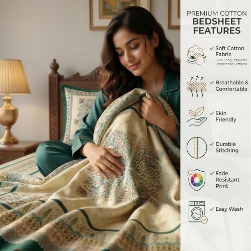 Image of BSB HOME 240 TC Cotton Single Bedsheet, Premium Soft & Breathable Single Bed Sheet, Skin Friendly Durable Printed Bed Cover for Bedroom, Elegant Cotton Bedding, 60 x 90 Inches - Spruce Green