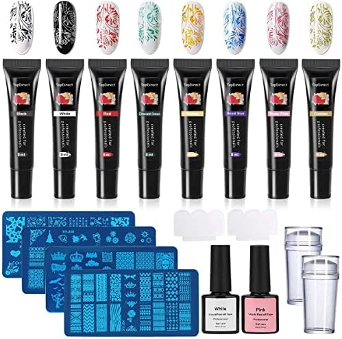 TopDirect 8 Colors Nail Stamping Gel Polish 8ml + 4pcs Nail Stamping Templates + 1 Stampers with 2 Scrapers, Nail Art Stamping Kit Polish Stamper and 36 Design Scraper Nail Plate Print Manicure Tool