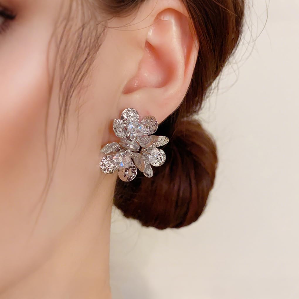 Rhinestone Flower Stud Earrings,Small Crystal Cluster Flower Earrings,Cubic Zirconia Floral Earrings for Women - Image 3