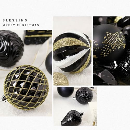 65ct Christmas Balls Ornaments, Shatterproof Plastic Decorative Baubles for Xmas Tree Decor, Multi-Size Christmas Ornaments Set for Tree, Home Indoor Party Decor, Black Gold