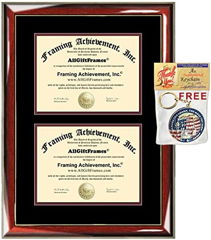 Double Dual College Diploma Frame University Certificate Framing Wood Glossy Prestige Mahogany Gold Accents Top matted Black Inner mat Maroon Two Document Frames