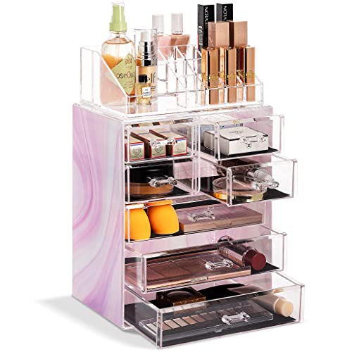 Sorbus Acrylic Makeup Organizer Set, 7-Drawer Vanity & Countertop Cosmetic Storage with Small & Wide Compartments, Tie Dye Makeup Storage for Brushes, Jewelry – Holiday Gift for Women & Teens