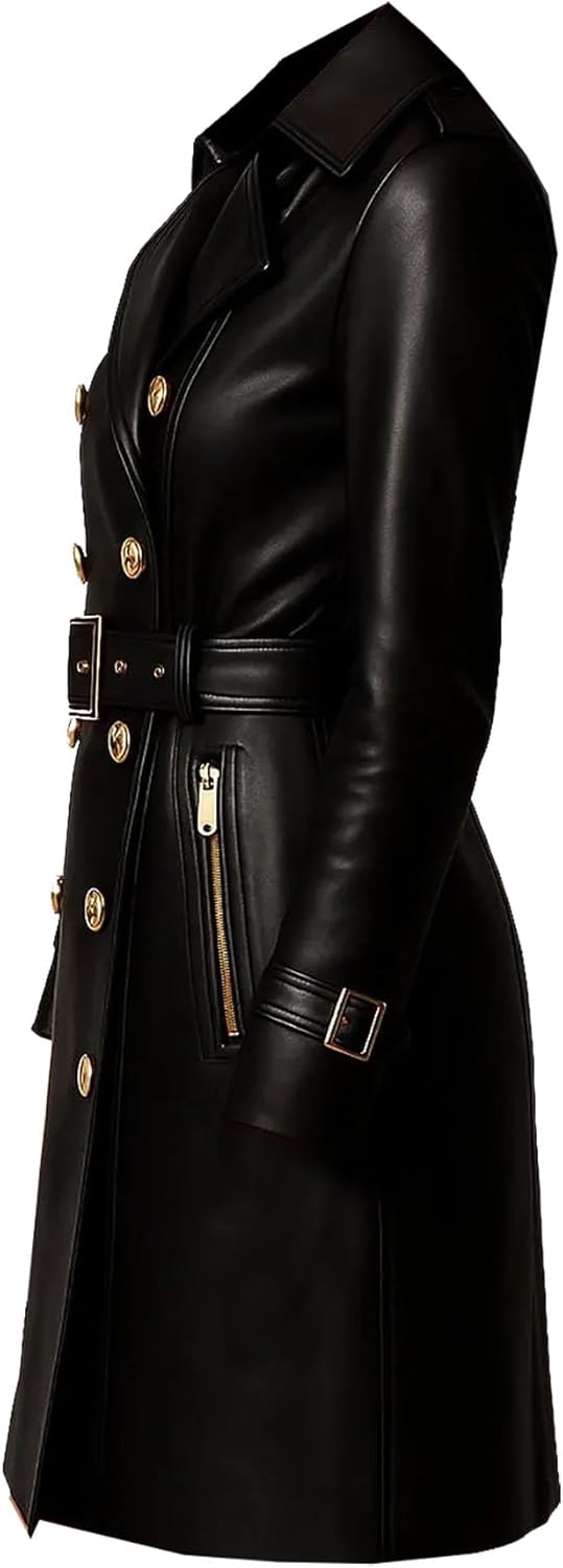 Women’s Real Leather Double-Breasted Trench Coat – Premium Genuine Leather Long Coat with Gold Buttons & Belt