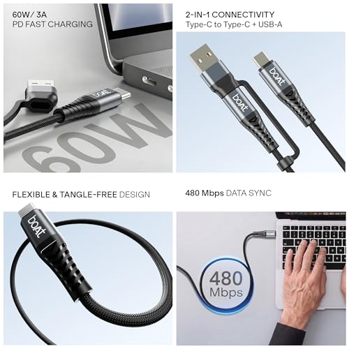 Image of boAt FlexiCharge 200 Cable with 2-in-1 Connectivity Type-C to Type-C + USB-A; 60W PD Fast Charging, 480 Mbps Data Sync, 1.2 m,10000+ Bends Lifespan, For Apple, OnePlus, Android, Laptop (Carbon Black)