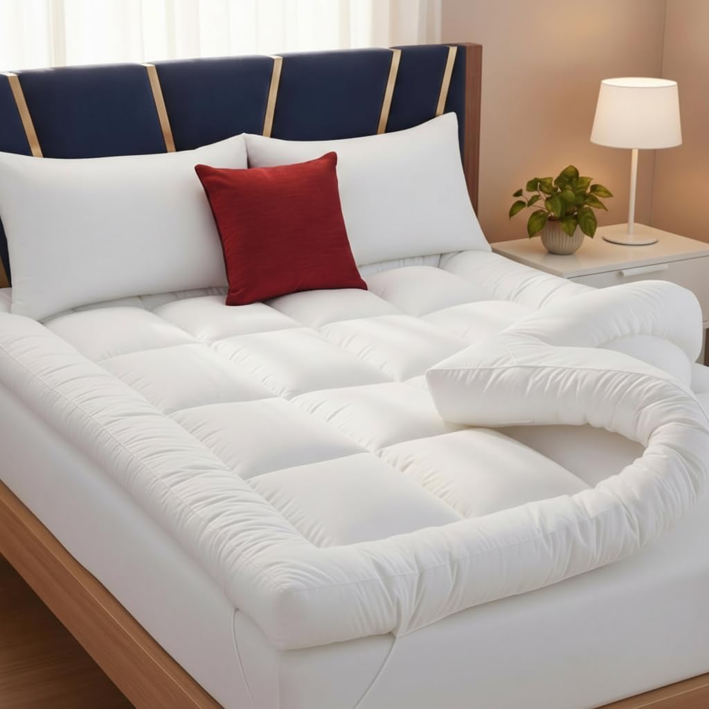 Mattress Topper Small Double 4 Inch (10cm) Thick – Hotel Quality 1200GSM Fluffy Mattress Pad with Hypoallergenic Fiber Filling, 4 Elastic Corner Straps for Secure Fit (White, Small Double)