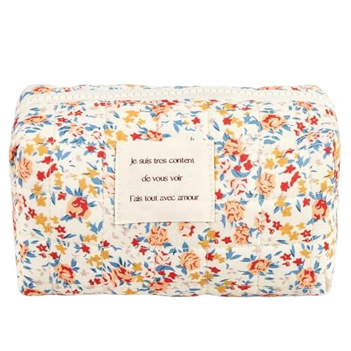 JUNENTER 小さな花柄メイクアップバッグ キルティング コスメティック メイクアップバッグ オーガナイザー パッチワーク 美的ポーチ 財布 トイレタリーバッグ 女性 女の子 旅行用 (イエロー)