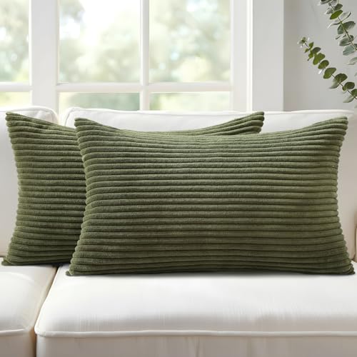 Image of Mecatny Corduroy Fall Decorative Throw Pillow Covers 12x20 Set of 2 for Sofa Living Room, Soft Neutral Boho Couch Pillow Covers for Home Decor, Olive Green