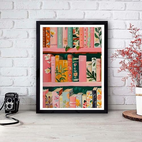Image of Pink Book Stamped Cross Stitch Kits for Adults - Bookshelf Embroidery Kits for Beginners Adults,11 CT Patterns Dimensions Counted Cross Stitch Kits for Adults Arts Craft 12x16 inch