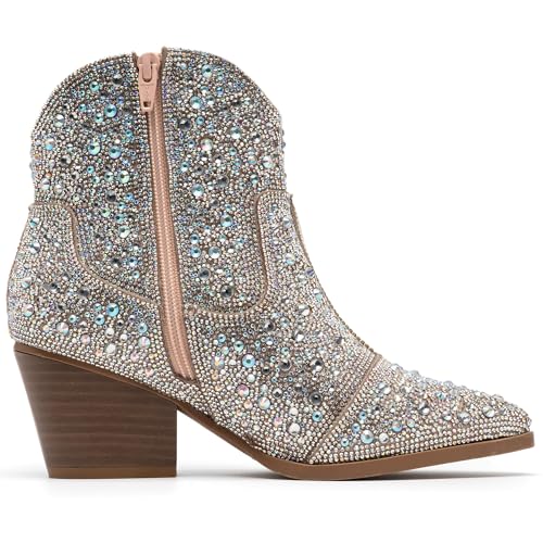 Image of YAYONE Rhinestone Zipper Sparkly Ankle Boots - Glitter Pointed Toe Fashion Comfortable Shoes, Pull on Chunky Heel Western Boots