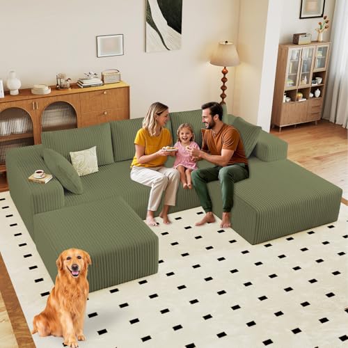 Image of 96 inch Modular Sectional Sofa with Ottoman, Modern Corduroy Cloud Couch with Deep Seat, Boneless Couch Upholstered 3-Seater U-Shaped Sofa for Living Room, No Assembly (Green, Right-Facing Chaise)