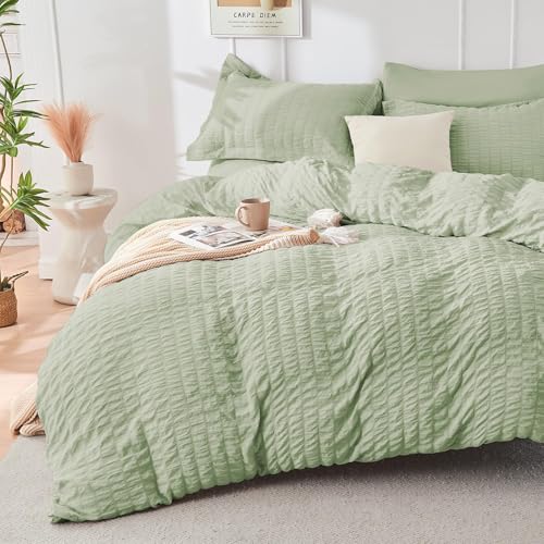 Image of HYMOKEGE Light Green Full Size Comforter Sets Seersucker 7 Pieces, All Season Luxury Bed in a Bag for Bedroom, Bedding Set with Comforters, Sheets, Pillowcases & Shams