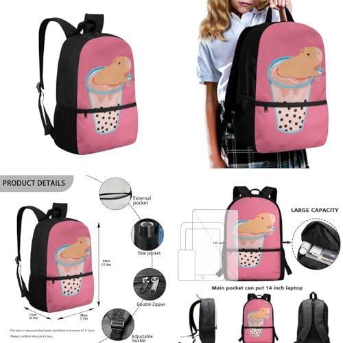Cute Capybara Backpacks for Girls Kawaii Backpack with Water Cup Cover and Lunch Box 4pcs Printed School Backpack for Teen Girls 16-17 Multifunction Travel Daypack for Shopping3