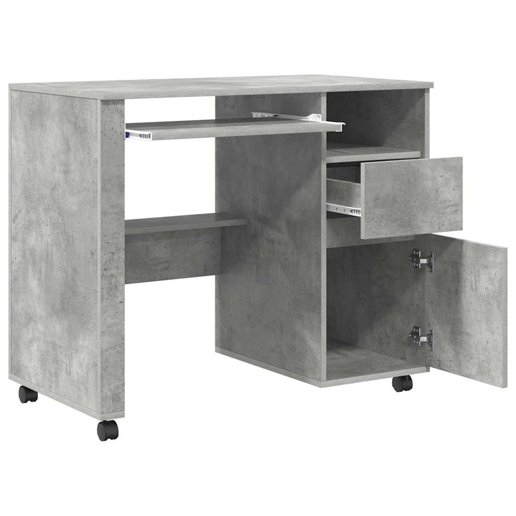 Scrivania Porta PC con Ruote 2 Cassetti 91x50x77 cm Grigio | Tavolo da studio salvaspazio per ufficio o camera con ruote bloccabili e vani portaoggetti.
