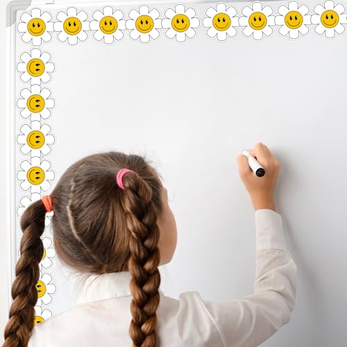 Image of Whaline 24 Pcs Daisy Flower Magnetic Bulletin Board Border Retro Smile Daisy Floral Magnetic Strips Border Trim for Back to School Office Classroom Decor