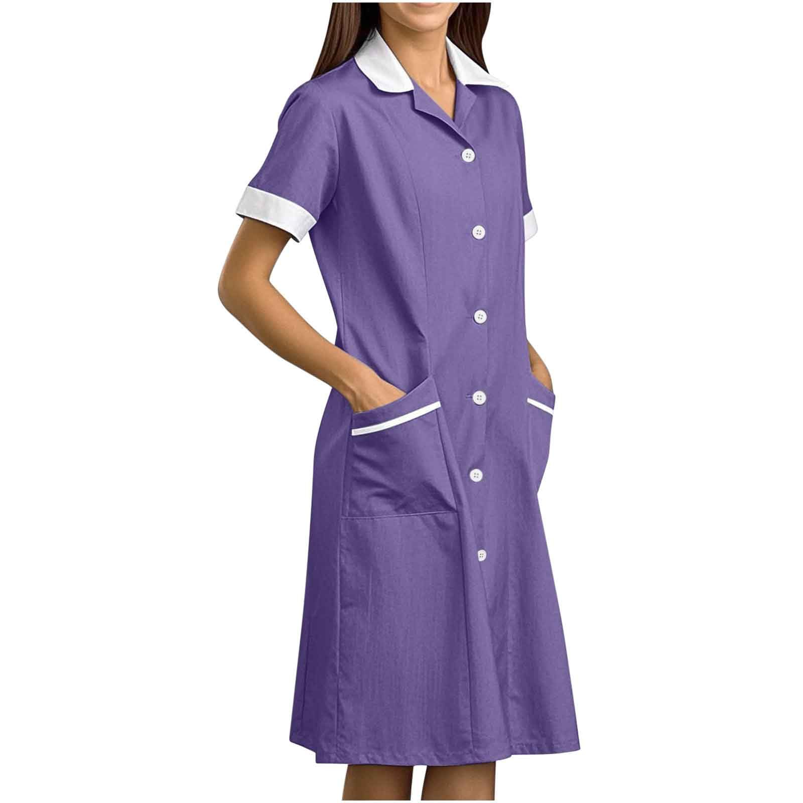 Nurse Dress for Women Button Down Lapel Short Sleeve Scrub Uniforms Housekeeping Work Midi Shirt Dresses with Pockets