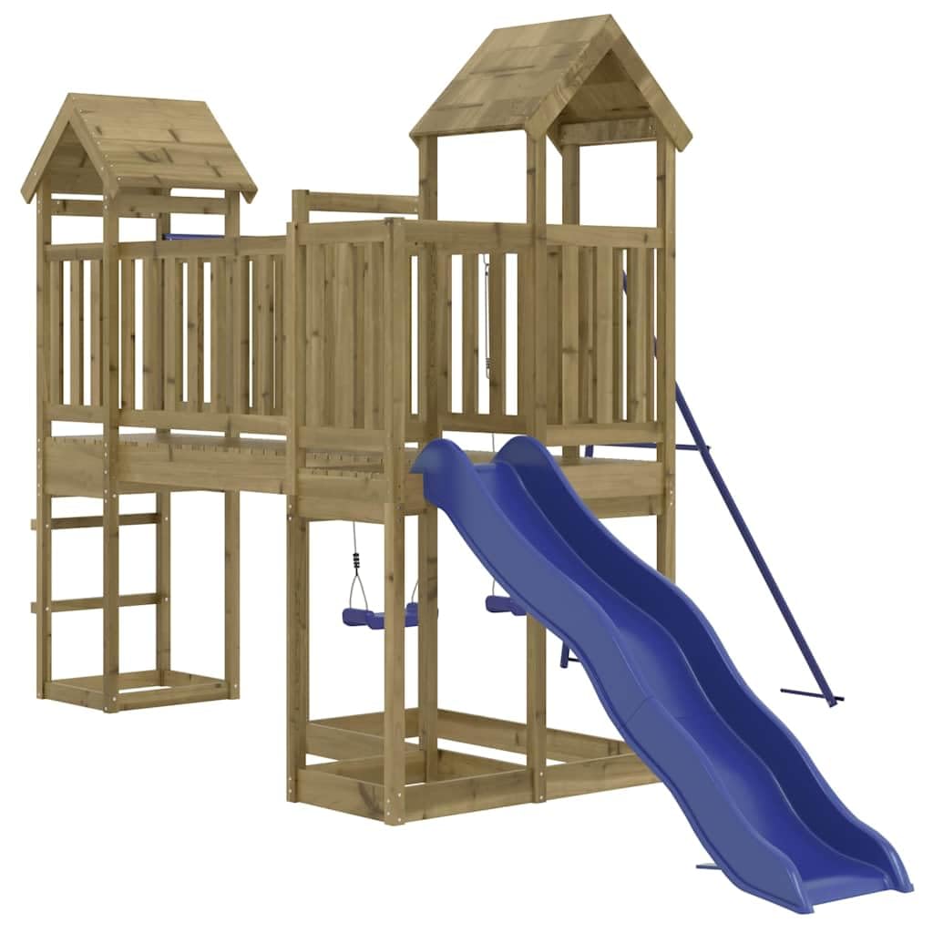 Spielturm aus imprägniertem Kiefernholz mit Rutsche, Doppelschaukel, Sandkasten, Nestschaukel, Klettergerüst, wetterfest, robust für Kinder Garten Spielhaus draußen