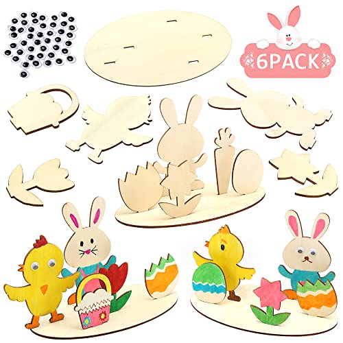 Sprinlot Lapins et Poulets en Bois à Peindre, DIY Artisanat de Pâques avec Pompons Colorés et Yeux Mobiles, Kits scène 3D en Bois, Loisirs Créatifs de...
