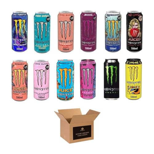 Energy Drink Flavours | Juiced Zero Sugar Ultra Monarch Fiesta Mango Strawberry Dreams VR46 Punch | High Caffeine Sports Energy Drink (Mixed Assorted Cans - 500ml x 12Pack)