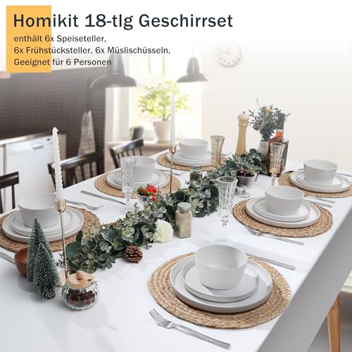 Homikit Geschirr Set, 18-tlg Steinzeug Geschirrset Tafelservice 6 Personen, Essgeschirr mit Dessertteller Müslischüsseln Speiseteller, Klassisch Weiß mit Speckles, Mikrowellen- und Spülmaschinenfest