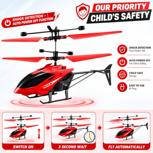 Image of KIDZYMON Dual Operating Gravity Sensor Flying Helicopter Toy for Kids, Rechargeable Battery, Up & Down Flight, 3D LED Lights, Safety Sensor, Hand & Remote-Controlled, Age 4+ Years, Pack of 1 (Red)