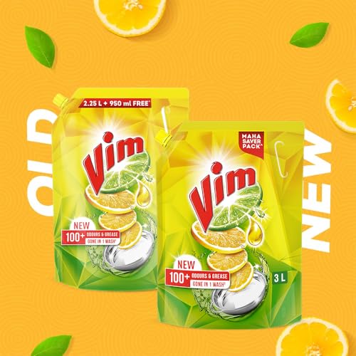 Image of Vim Dishwash Liquid 3 L pouch | Removes 100+ Odours & Grease in 1 wash | With the power of 100 Lemons