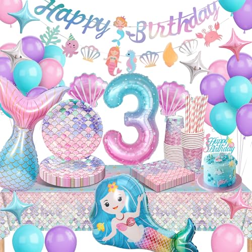 Conjunto de Louça e Decorações de Sereia para Festa de Aniversário - 3 Anos - Jogo de Louça, Balões Decorativos para Menina - 16 Convidados