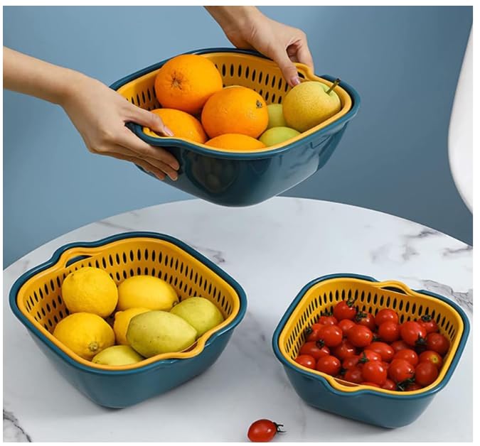 Image of 6-Piece Nesting Colander Basket Set - Space-Saving Square Plastic Strainers for Kitchen Use - Multi-Size Drain Baskets for Washing Fruits, Vegetables, Pasta - BPA-Free (Blue & Yellow)